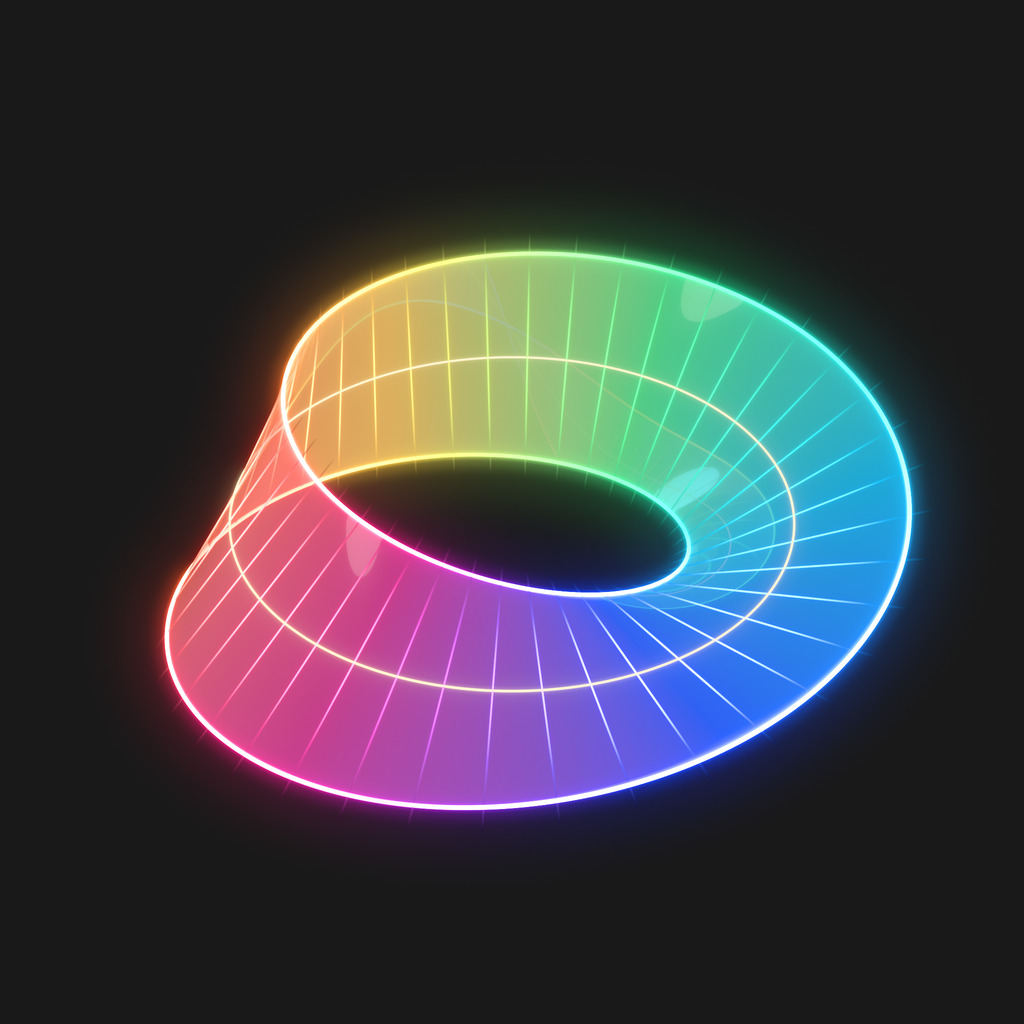 A glowing Möbius band made of the image lines of the matrix M = [[1+x, y], [y, 1−x]] over the unit circle: the Möbius line bundle that obstructs a Smith normal form.