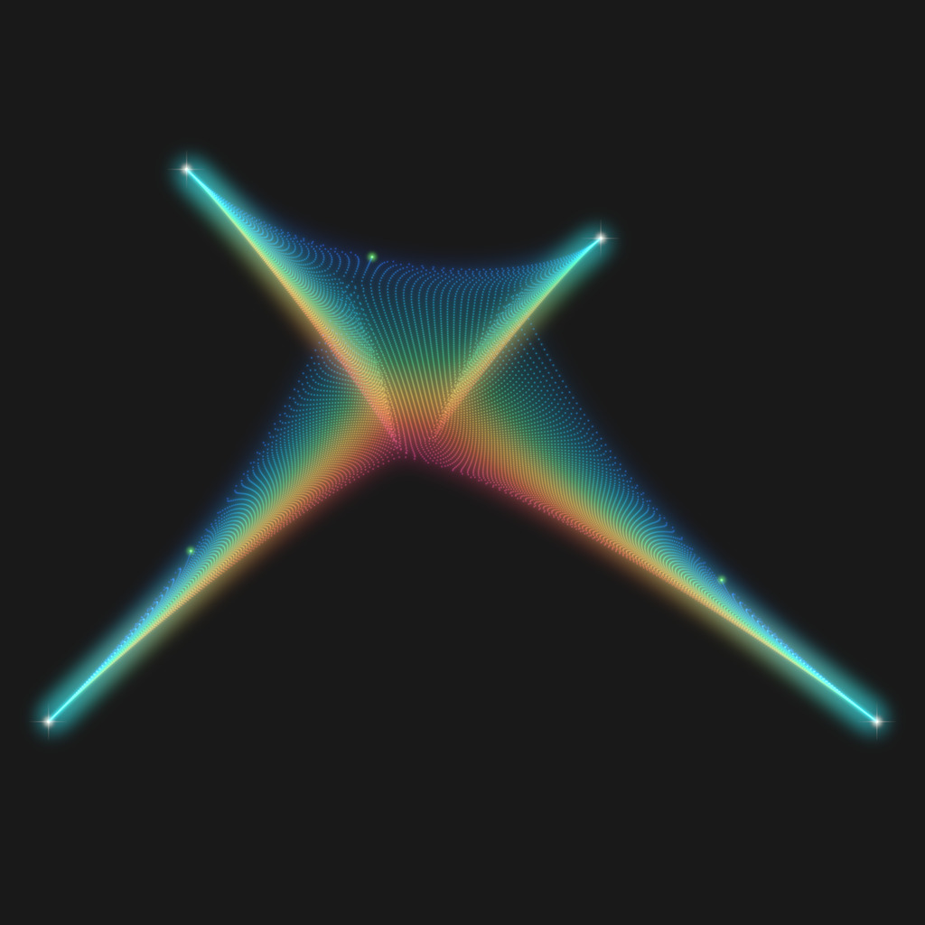 Zeros of all derivatives of the 60th power of P(z) = z(z−12)(z−2−8i)(z−8−7i), colored by the ratio of derivative order to power; together they fill out the limiting core of the full shadow of P.