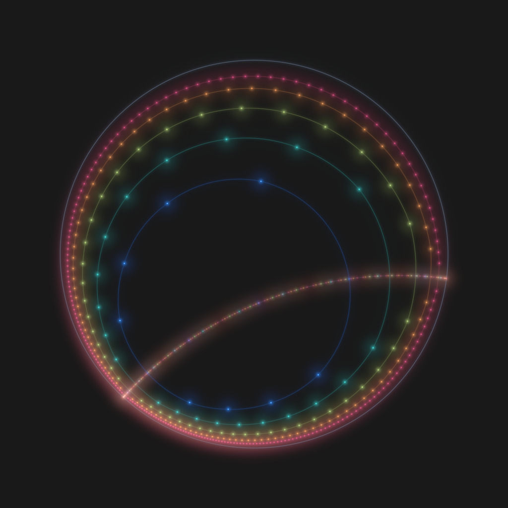 Zeros of the Legendre polynomials of degree 6, 12, 24, 48 and 96 together with their isodynamic points, which lie on nested ovals approaching the unit circle, all moved by one Möbius transformation of the disk.