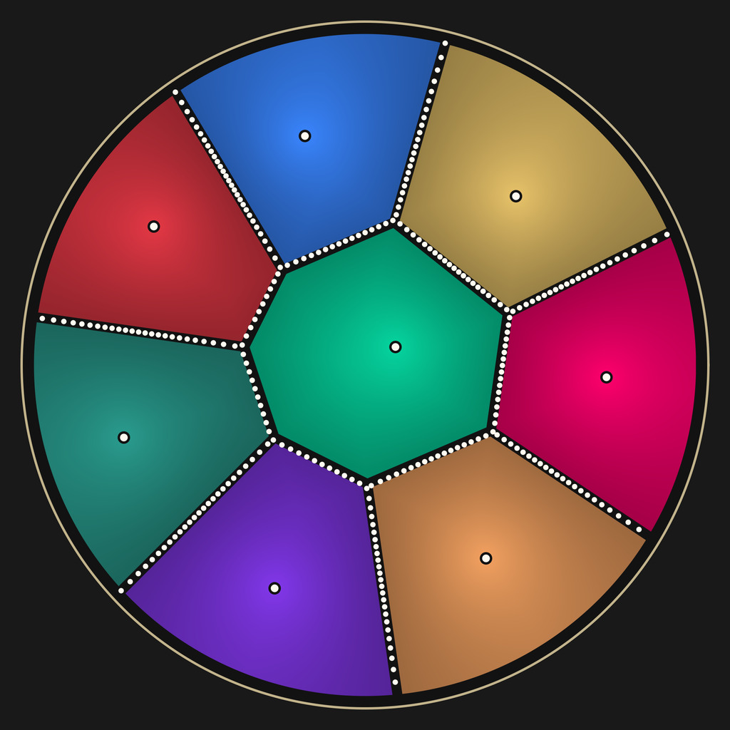 A stained-glass picture of the Voronoi diagram of the eight poles of 1/P, with the zeros of the 50th derivative of 1/P lying along the edges like pearls.