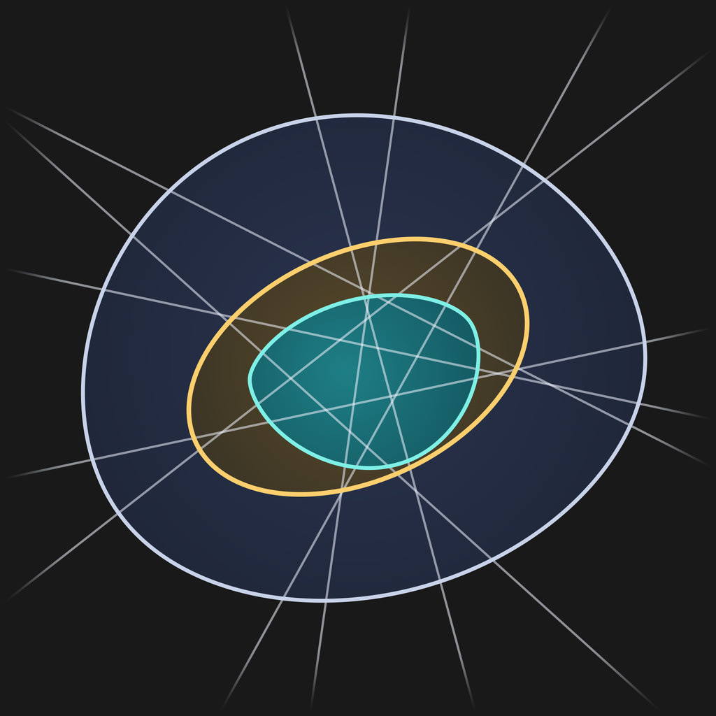 The paper's outer convex set D, inner convex set D0 and an ellipse sandwiched between them, with several lines meeting D0.