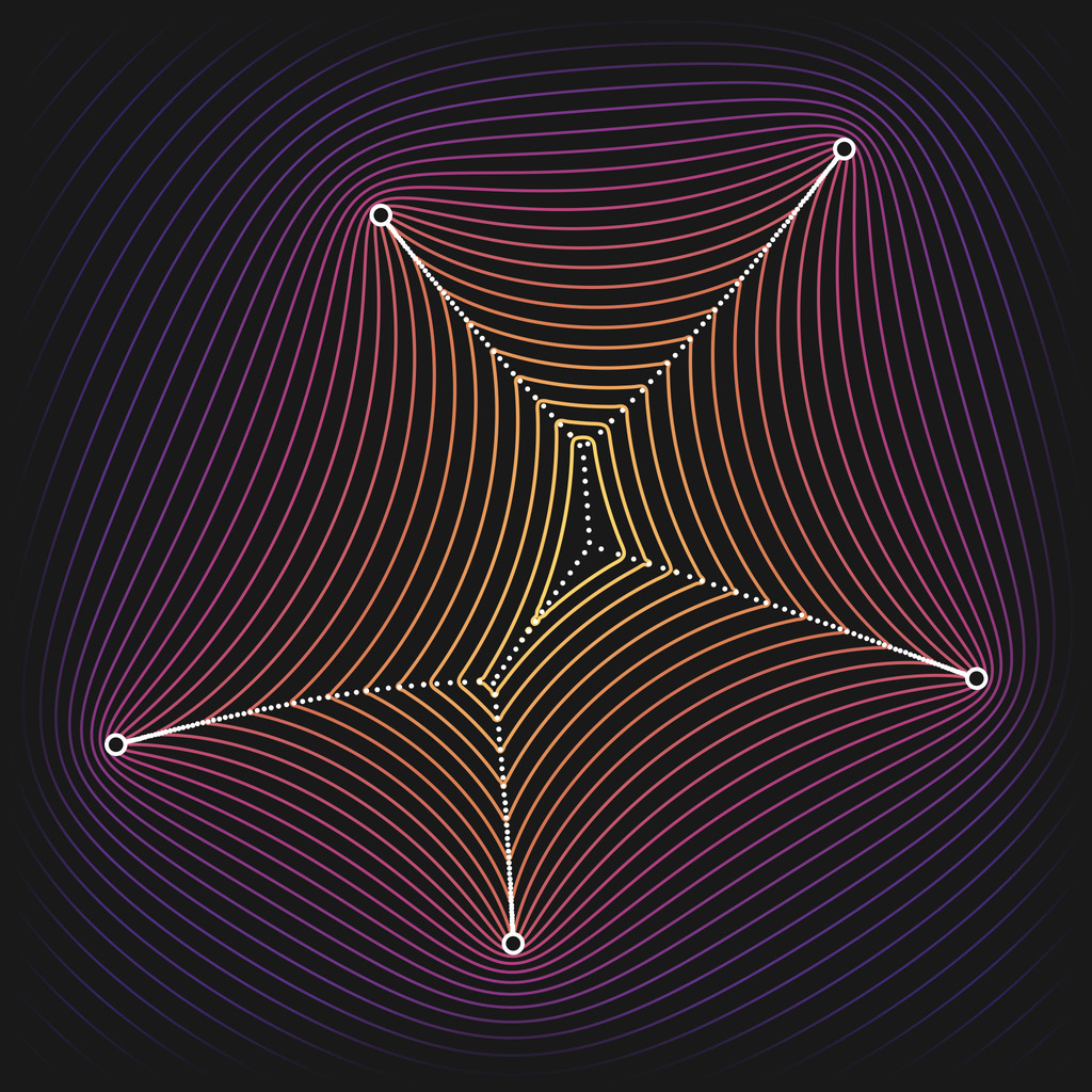 Level curves of the logarithmic potential of the zeros of the 80th derivative of P⁸⁰ for a quintic P; the zeros lie on the support of the limiting measure, where the level curves have corners.
