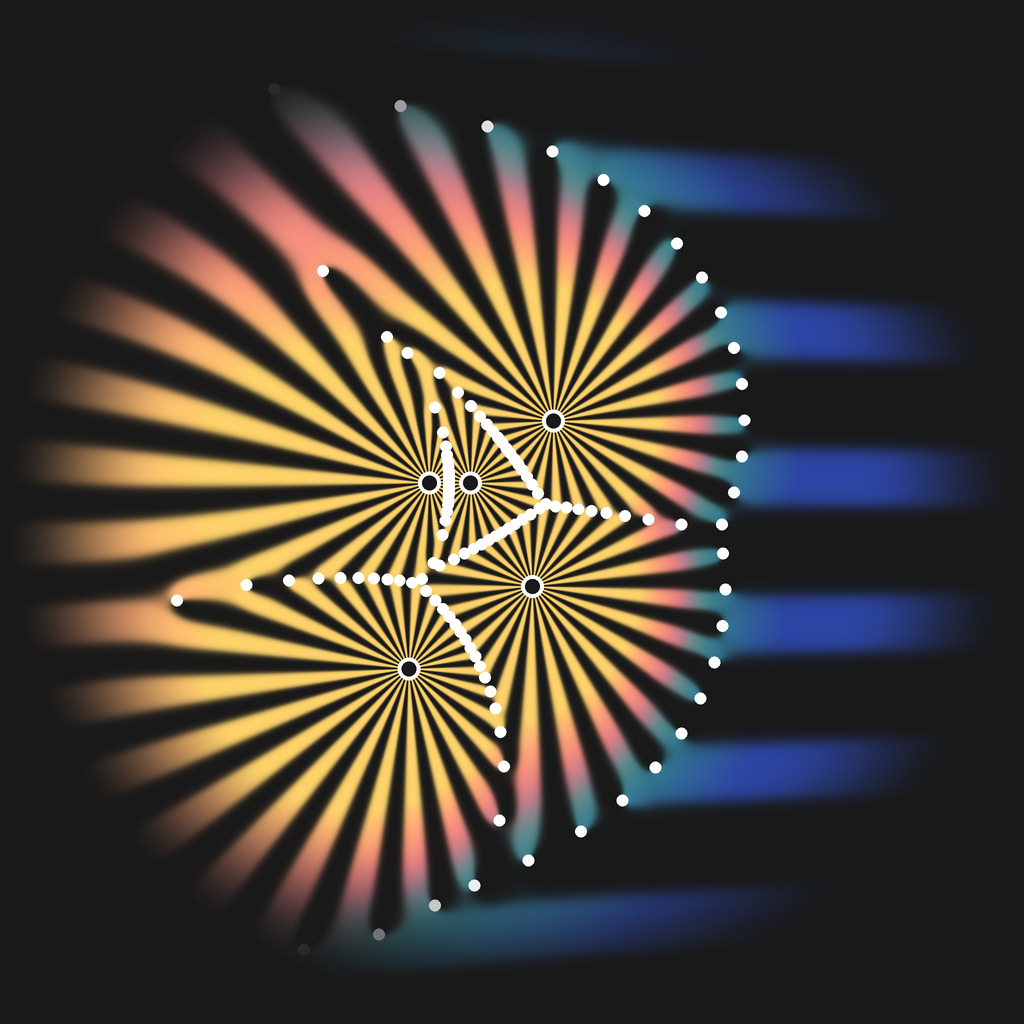 Phase portrait of the 24th derivative of exp(z+1)/Q(z) for the paper's Q, with its zeros as white dots. Near the poles the phase forms golden starbursts, far to the right the exponential factor makes horizontal blue stripes, and the zeros lie on the seams: on the Voronoi diagram of the poles and on the bubble where the two regimes meet.