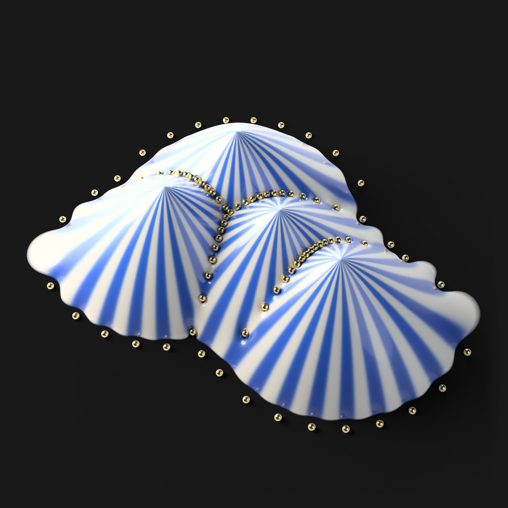 A porcelain relief of (1/n) log|h·(D²+1)ⁿ(1/h)| for n = 10 and the paper's h, striped by its phase, with the zeros of (D²+1)ⁿ(1/h) as gold beads. They line the valleys along the Voronoi edges between the four poles, and the escaping zeros ring the island.