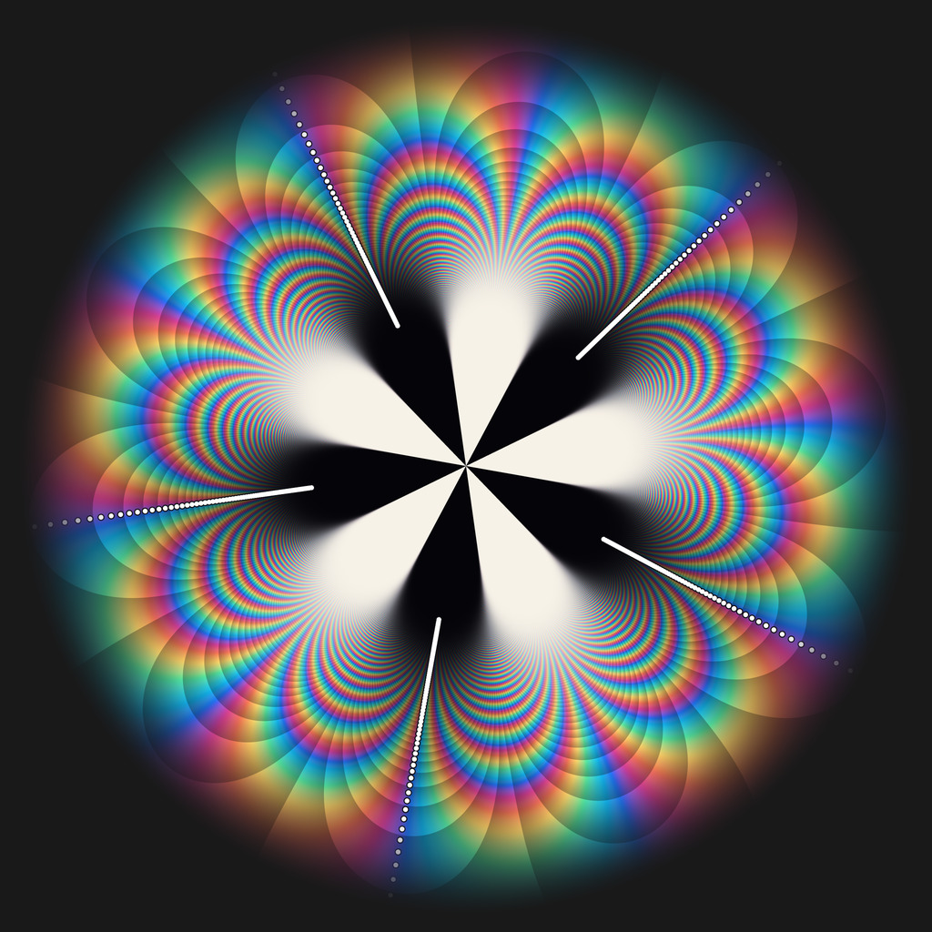 Phase portrait of exp(c/z⁵)/Q(z), for a constant c and a cubic Q, around its essential singularity of order five. Near the singular point the phase takes every value infinitely often, and the brightness shows the modulus, which tends to infinity in the white sectors and to zero in the black ones. The white beads are the zeros of the 90th derivative, which leave the singularity along five rays.